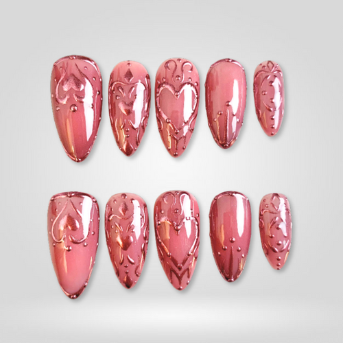 Crimson Luxe floral press-on nails - almond shape, front view