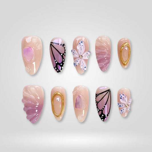 Butterfly Dreams soft neutral press-on nails - almond shape, front view