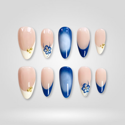 Blue Bloom floral press-on nails - almond shape, front view