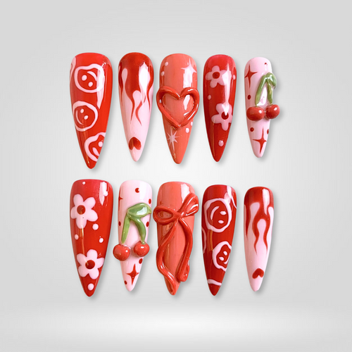 Cherry Blossom 3d sculptural press-on nails - almond shape, front view