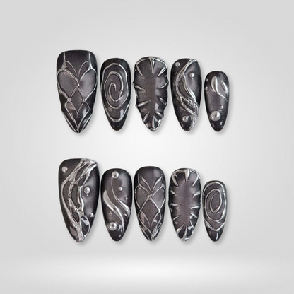 Galaxy Noir soft neutral press-on nails - almond shape, front view