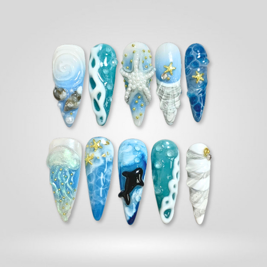 Ocean Breeze 3d sculptural press-on nails - almond shape, front view