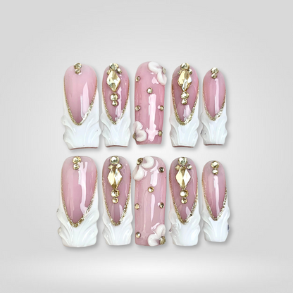 Crystal Petals milky cloud dancer press-on nails - almond shape, front view