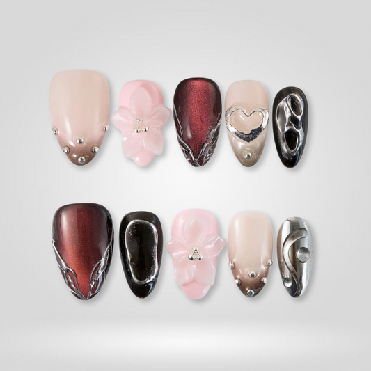 Rose Obsidian soft neutral press-on nails - almond shape, front view