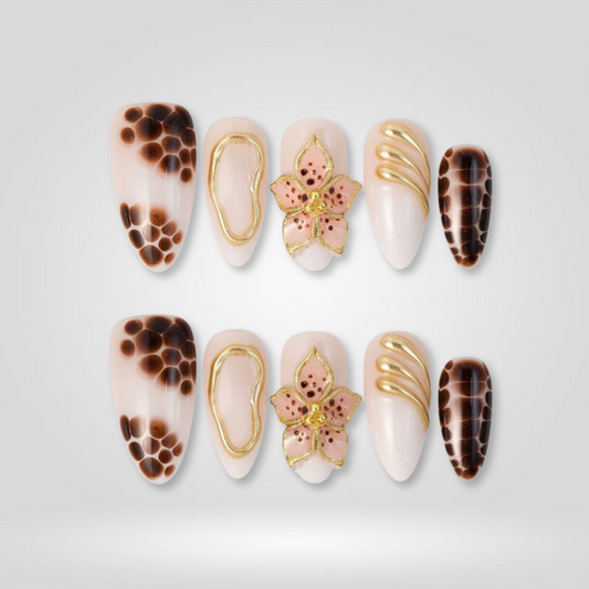 Leopard Bloom floral press-on nails - almond shape, front view