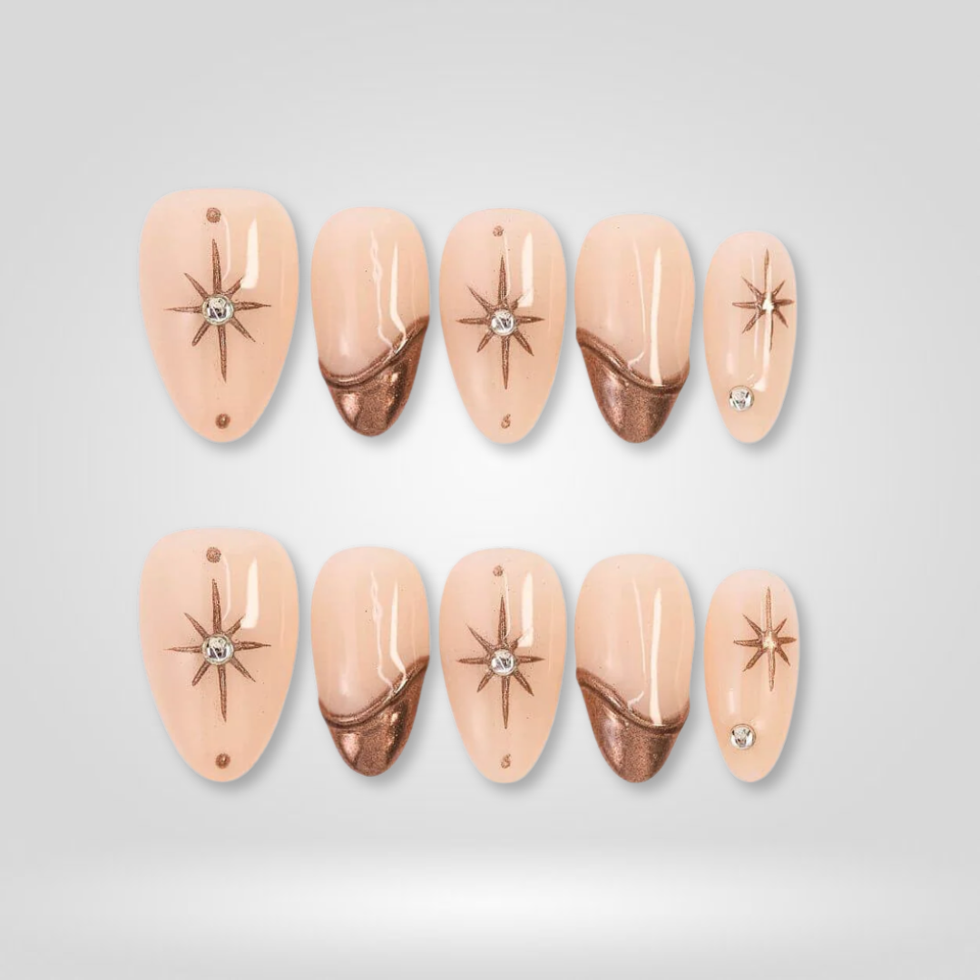 Bronze Star soft neutral press-on nails - almond shape, front view