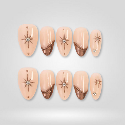 Bronze Star soft neutral press-on nails - almond shape, front view