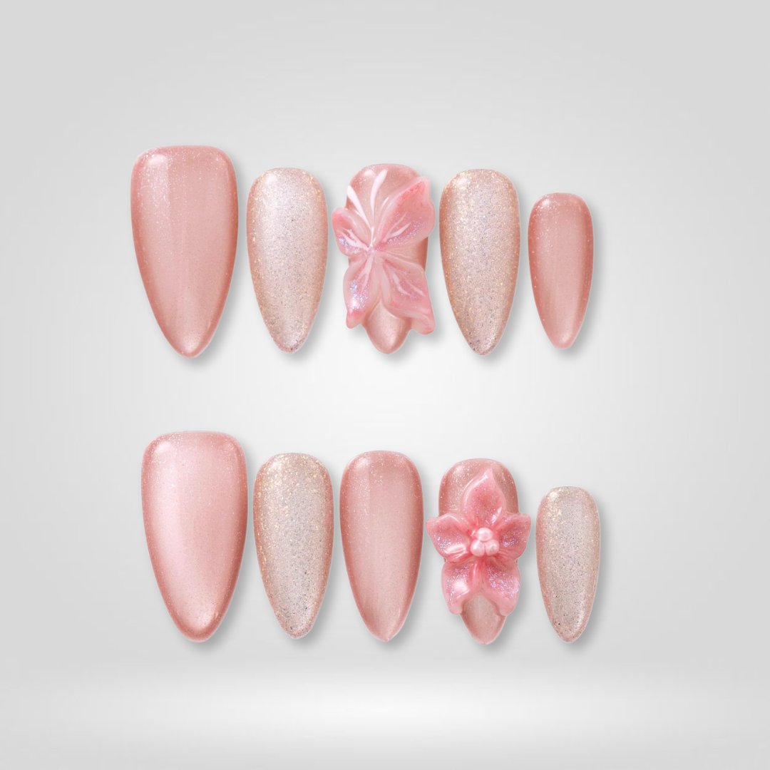 Pink Blossom floral press-on nails - almond shape, front view
