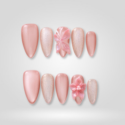 Pink Blossom floral press-on nails - almond shape, front view