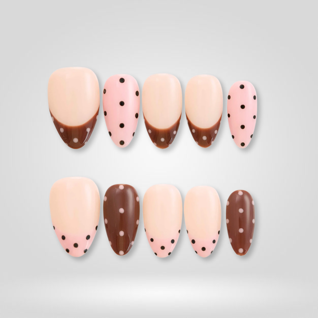 Choco Dots polka dot press-on nails - almond shape, front view