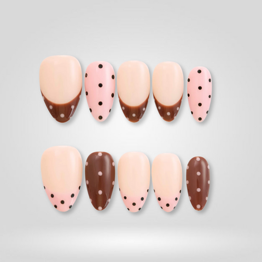 Choco Dots polka dot press-on nails - almond shape, front view