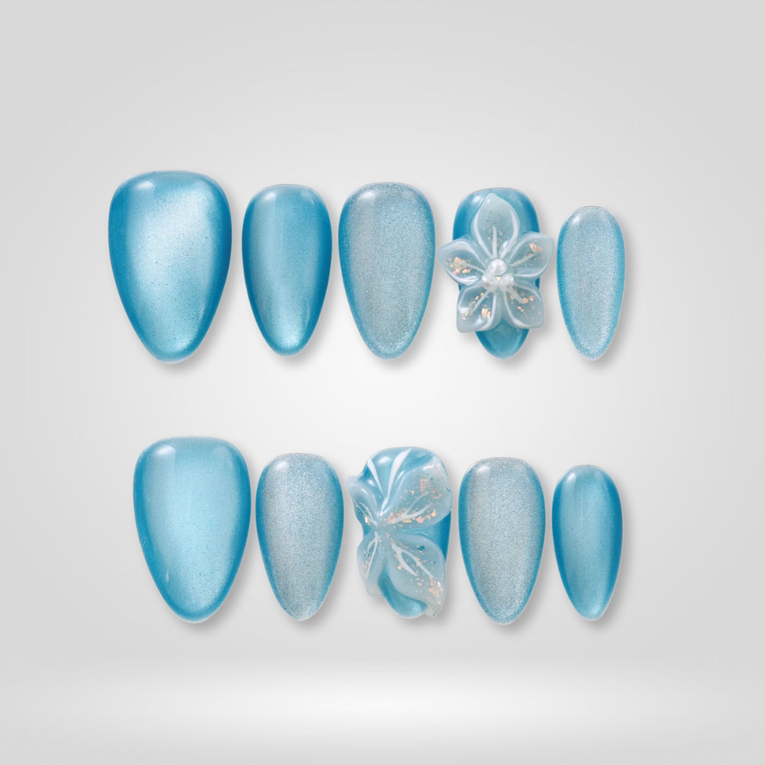Aqua Bloom floral press-on nails - almond shape, front view