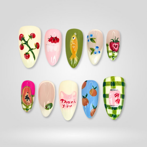 Fruit Garden floral press-on nails - almond shape, front view