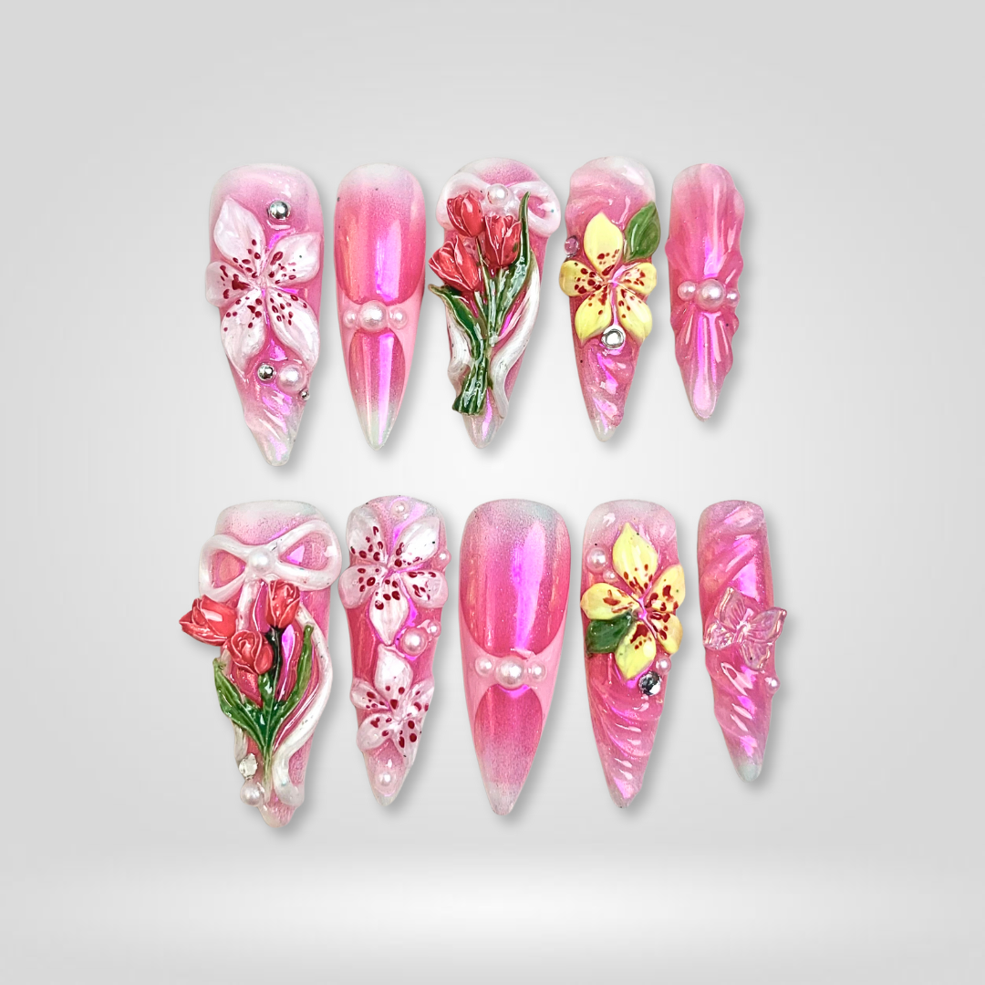 Floral Blossom 3d sculptural press-on nails - almond shape, front view