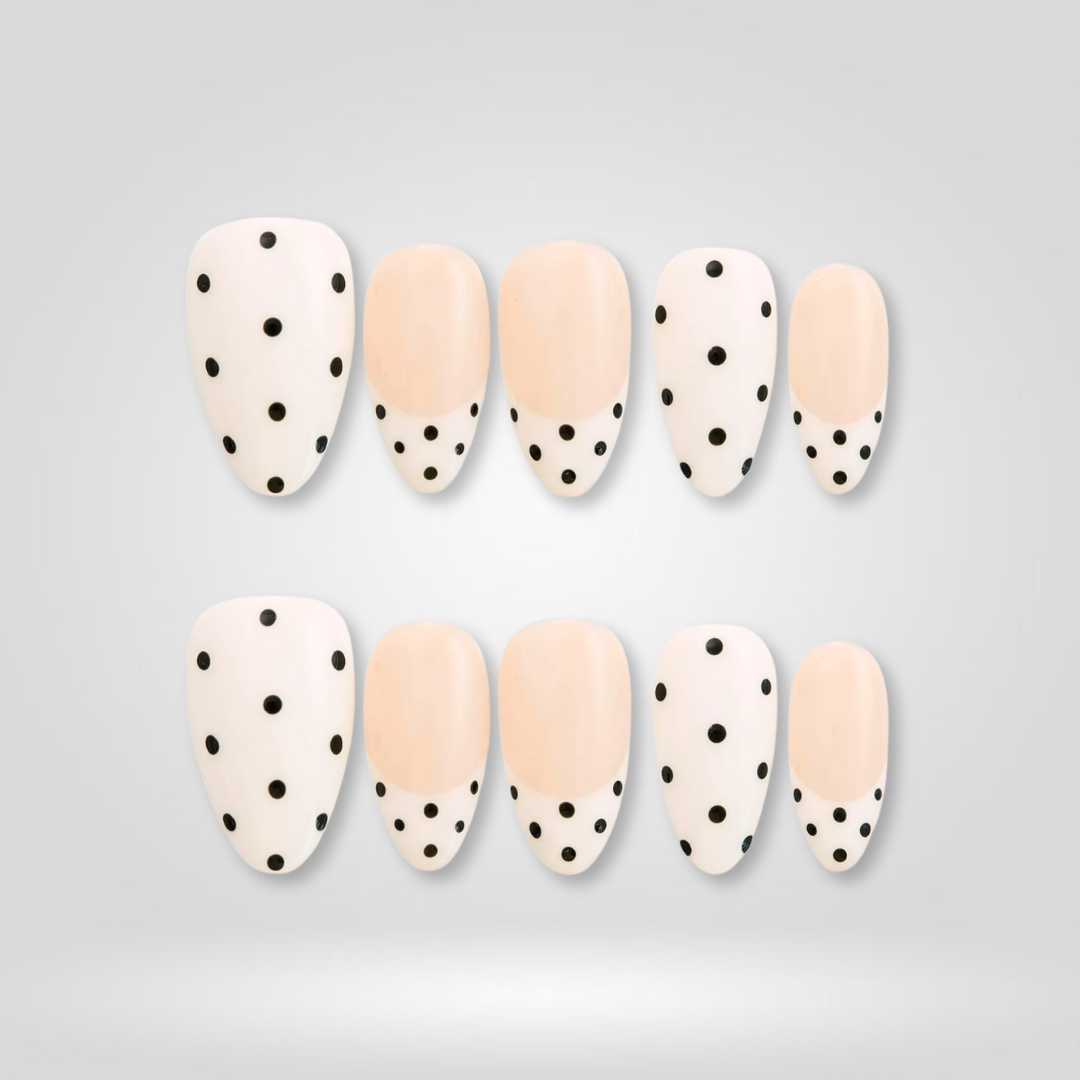 White Dots polka dot press-on nails - almond shape, front view