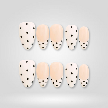 White Dots polka dot press-on nails - almond shape, front view