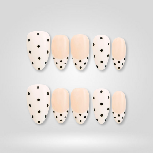 White Dots polka dot press-on nails - almond shape, front view