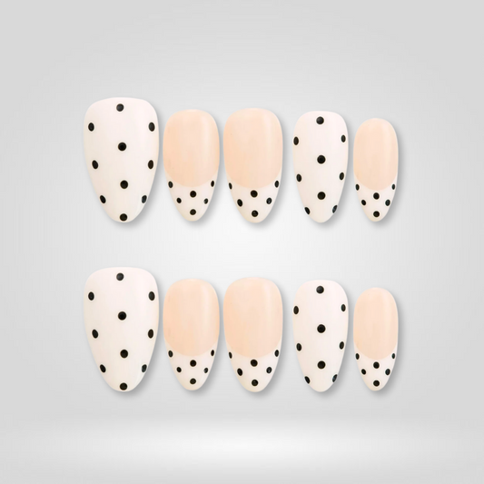 White Dots polka dot press-on nails - almond shape, front view