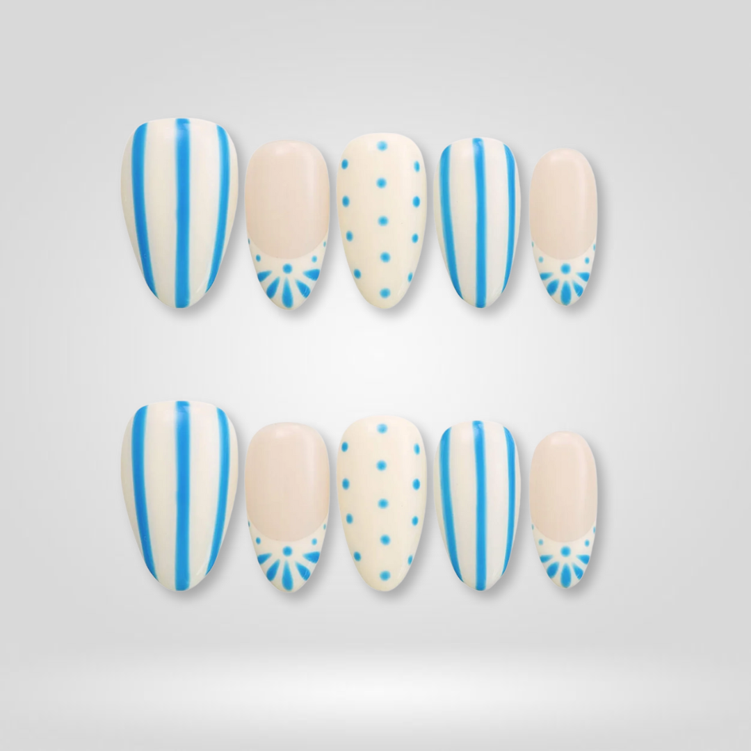 Blue Stripe soft neutral press-on nails - almond shape, front view