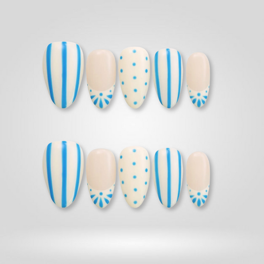 Blue Stripe soft neutral press-on nails - almond shape, front view