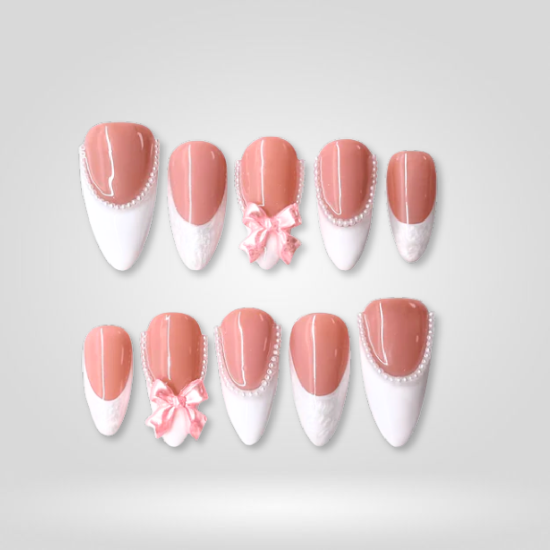 Pearl Bow milky cloud dancer press-on nails - almond shape, front view