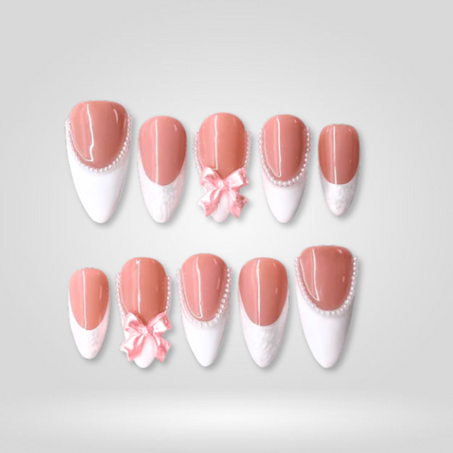 Pearl Bow milky cloud dancer press-on nails - almond shape, front view