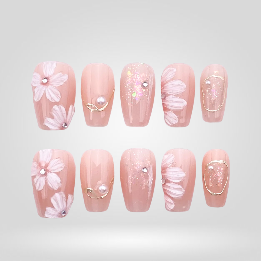 Petal Glow floral press-on nails - almond shape, front view