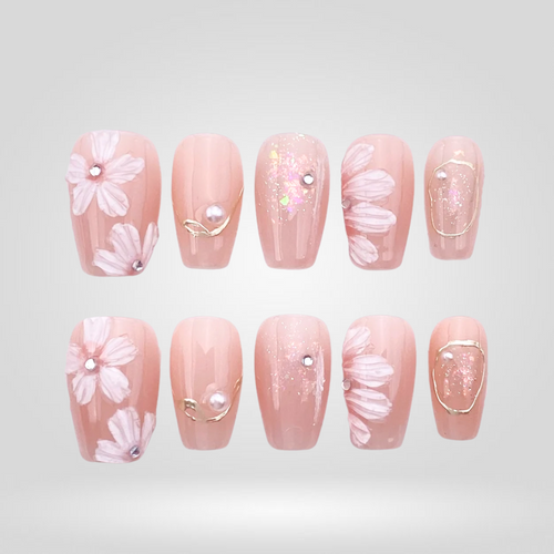 Petal Glow floral press-on nails - almond shape, front view