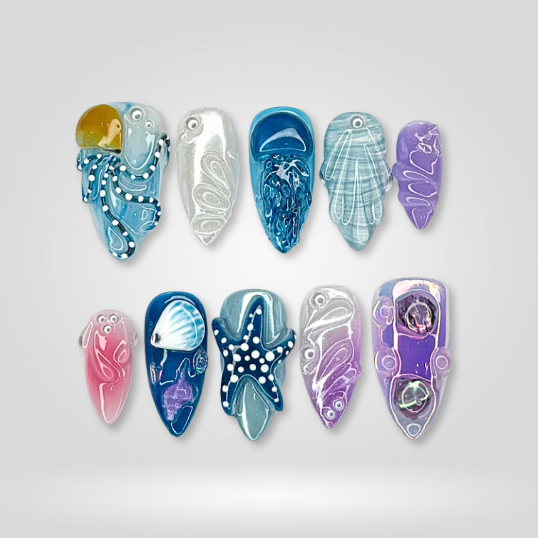 Sea Creatures 3d sculptural press-on nails - almond shape, front view