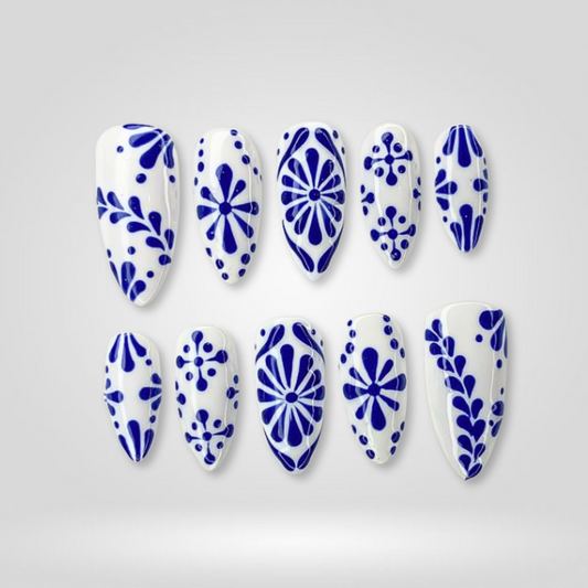 Indigo Bloom milky cloud dancer press-on nails - almond shape, front view