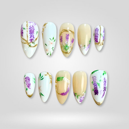 Lavender Blossom milky cloud dancer press-on nails - almond shape, front view