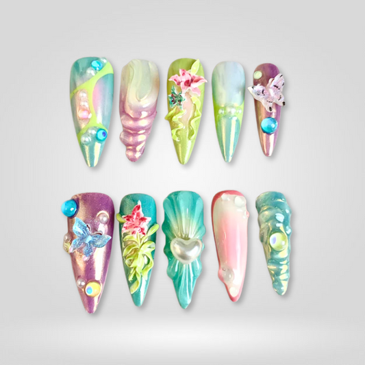 Floral Charm 3d sculptural press-on nails - almond shape, front view