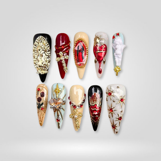 Dark Relic 3d sculptural press-on nails - almond shape, front view
