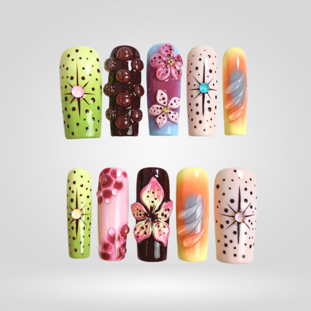 Neon Bloom floral press-on nails - coffin/ballerina shape, front view