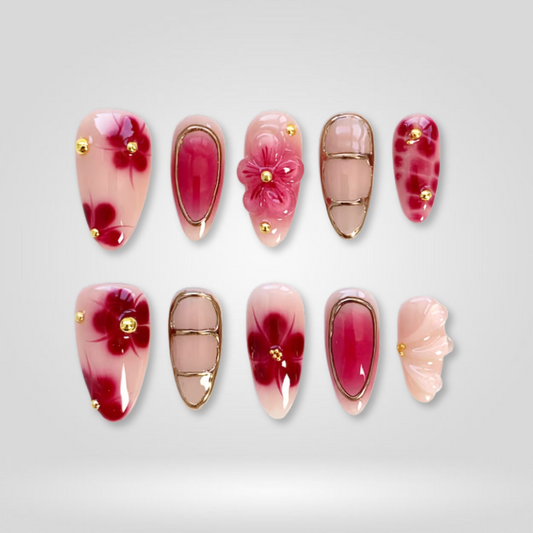 Cherry Glow berry press-on nails - almond shape, front view