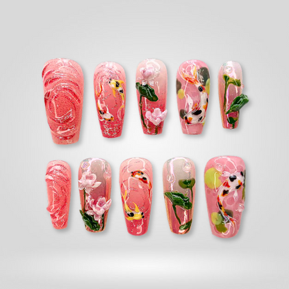 Koi Blossom 3d sculptural press-on nails - coffin/ballerina shape, front view