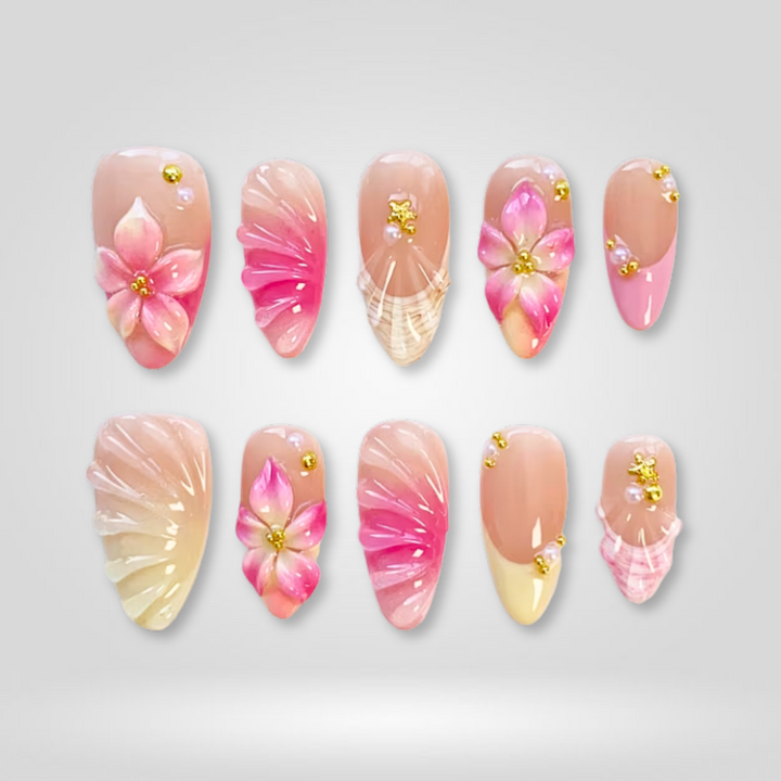 Coastal Bloom floral press-on nails - almond shape, front view