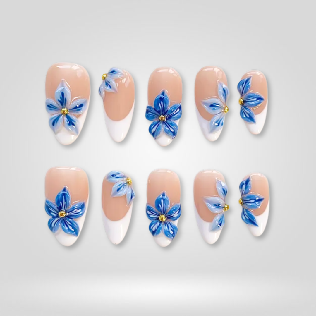 Floral Fantasy 3d sculptural press-on nails - almond shape, front view