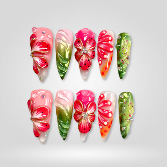 Tropical Flame 3d sculptural press-on nails - almond shape, front view