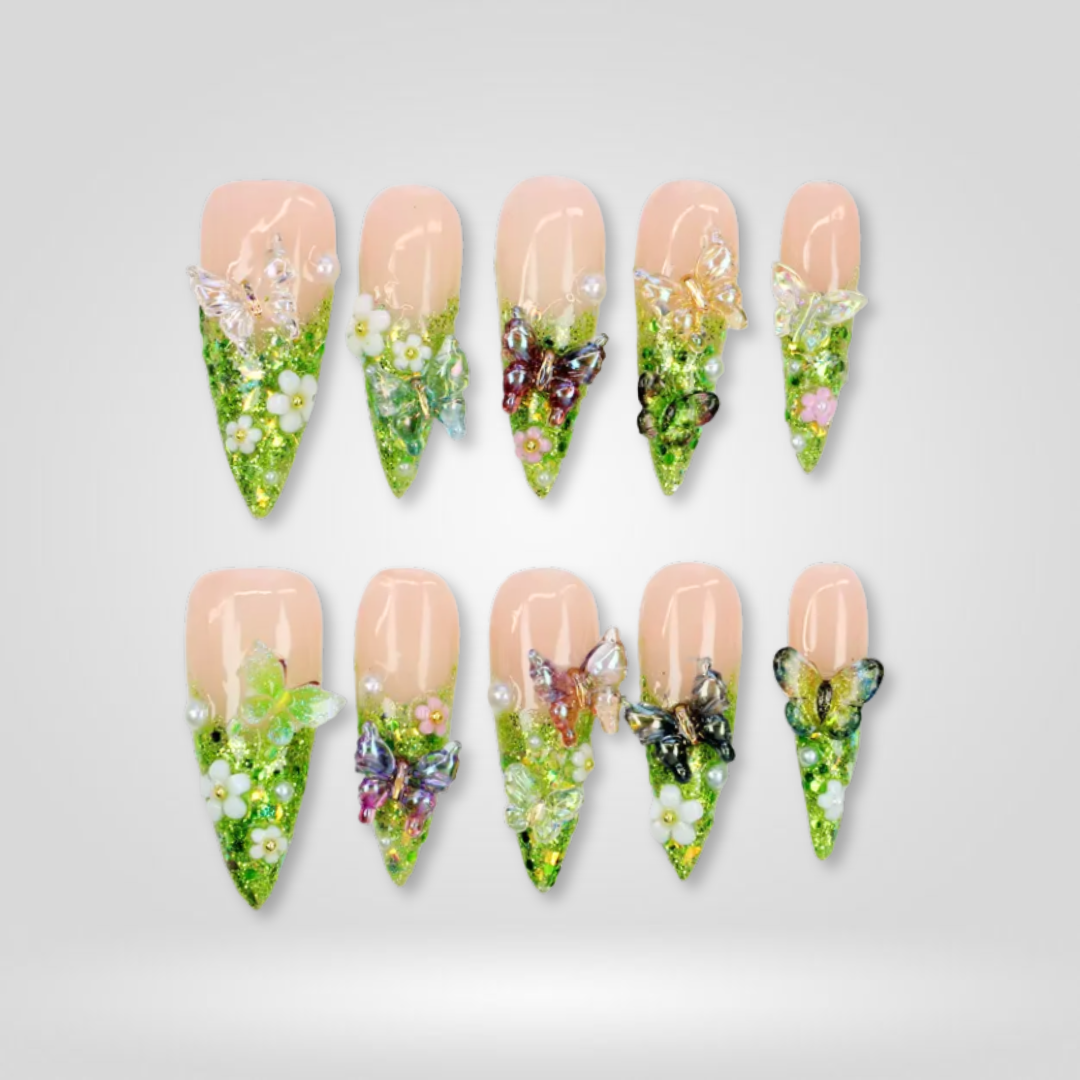 Dreamy Garden 3d sculptural press-on nails - almond shape, front view