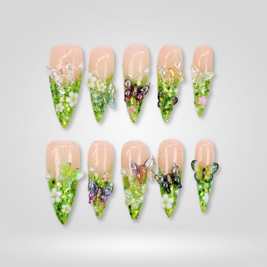 Dreamy Garden 3d sculptural press-on nails - almond shape, front view