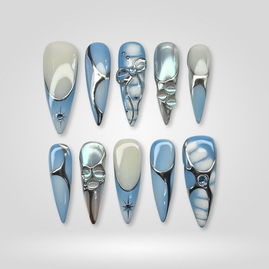 Silver Glaze milky cloud dancer press-on nails - almond shape, front view
