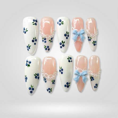 Blueberry Bow soft neutral press-on nails - almond shape, front view