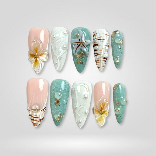 Ocean Glow milky cloud dancer press-on nails - almond shape, front view