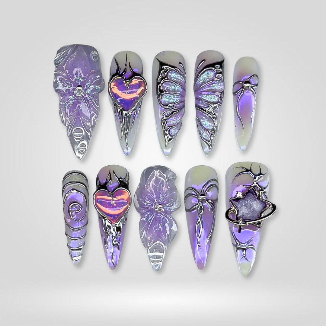 Chrome Crush pearl-shift press-on nails - coffin/ballerina shape, front view