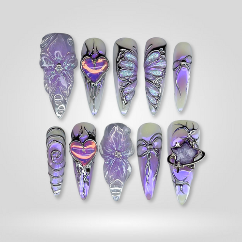 Chrome Crush pearl-shift press-on nails - coffin/ballerina shape, front view