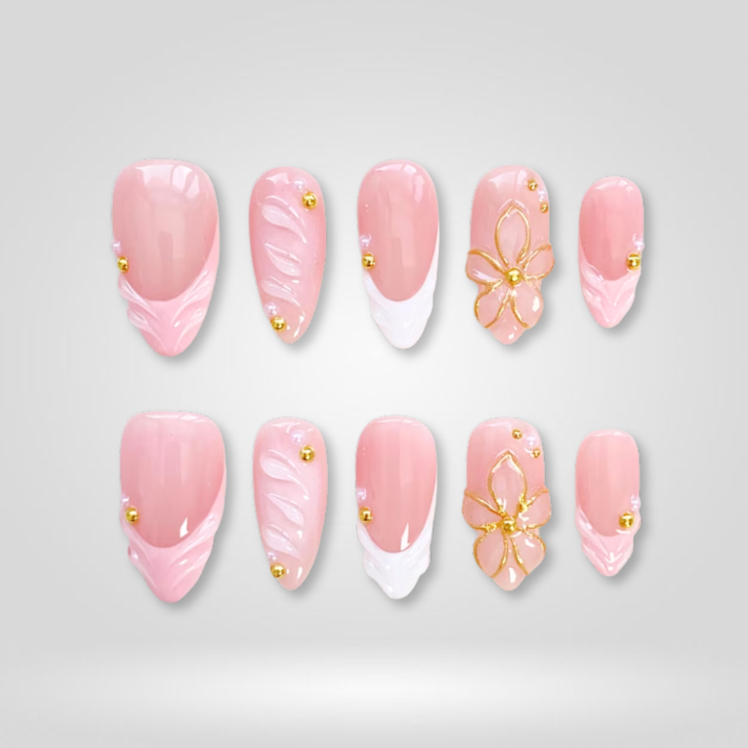 Petal Kiss floral press-on nails - almond shape, front view