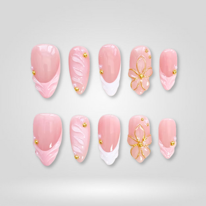 Petal Kiss floral press-on nails - almond shape, front view