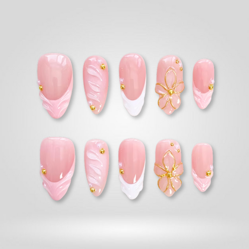Petal Kiss floral press-on nails - almond shape, front view