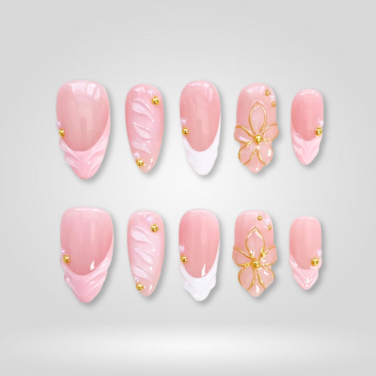 Petal Kiss floral press-on nails - almond shape, front view